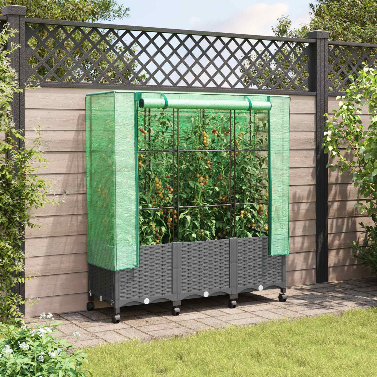 Tuinplantenbak met Kasbedekking en Wielen 3 st Lichtgrijs PP is nu te koop bij PeponiXL, paradijselijk wonen!