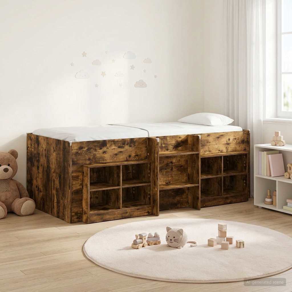 Loft Bed Frame met Kast 3 st Gerookt eiken Bewerkt hout is nu te koop bij PeponiXL, paradijselijk wonen!