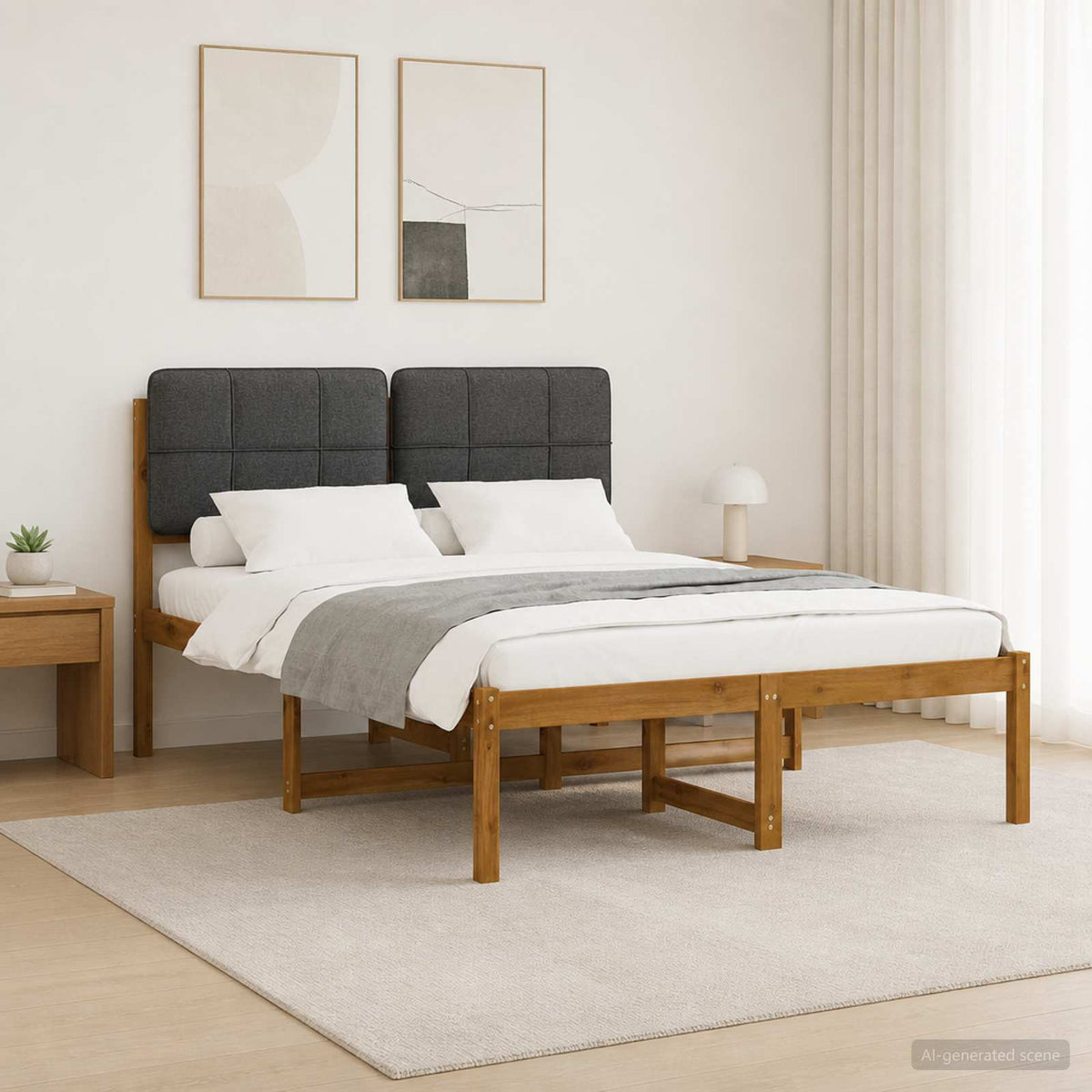 Bedframe met gestoffeerd hoofdbord Naturel en donkergrijs is nu te koop bij PeponiXL, paradijselijk wonen!