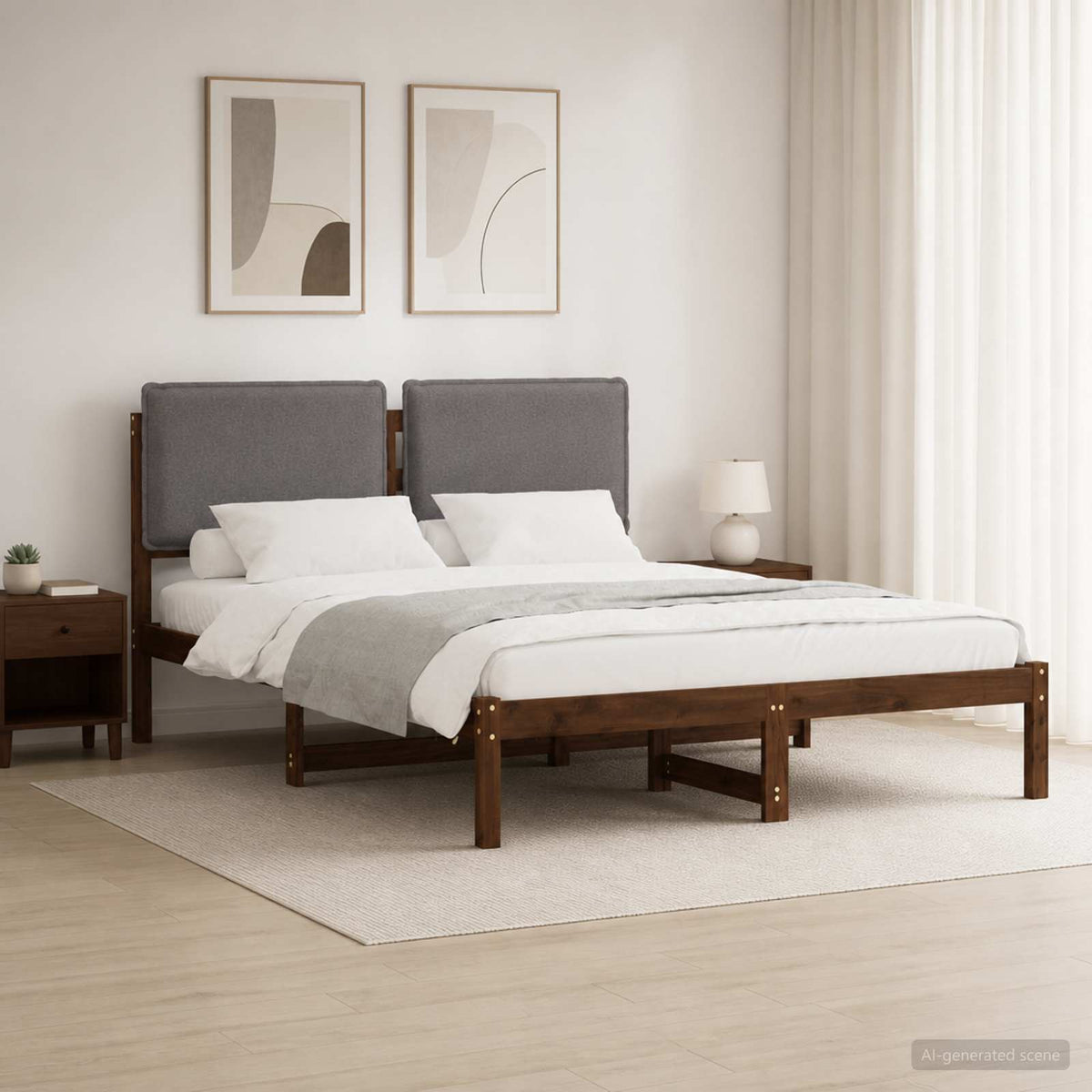 vidaXL Bedframe met gestoffeerd hoofdbord Donkerbruin en lichtgrijs