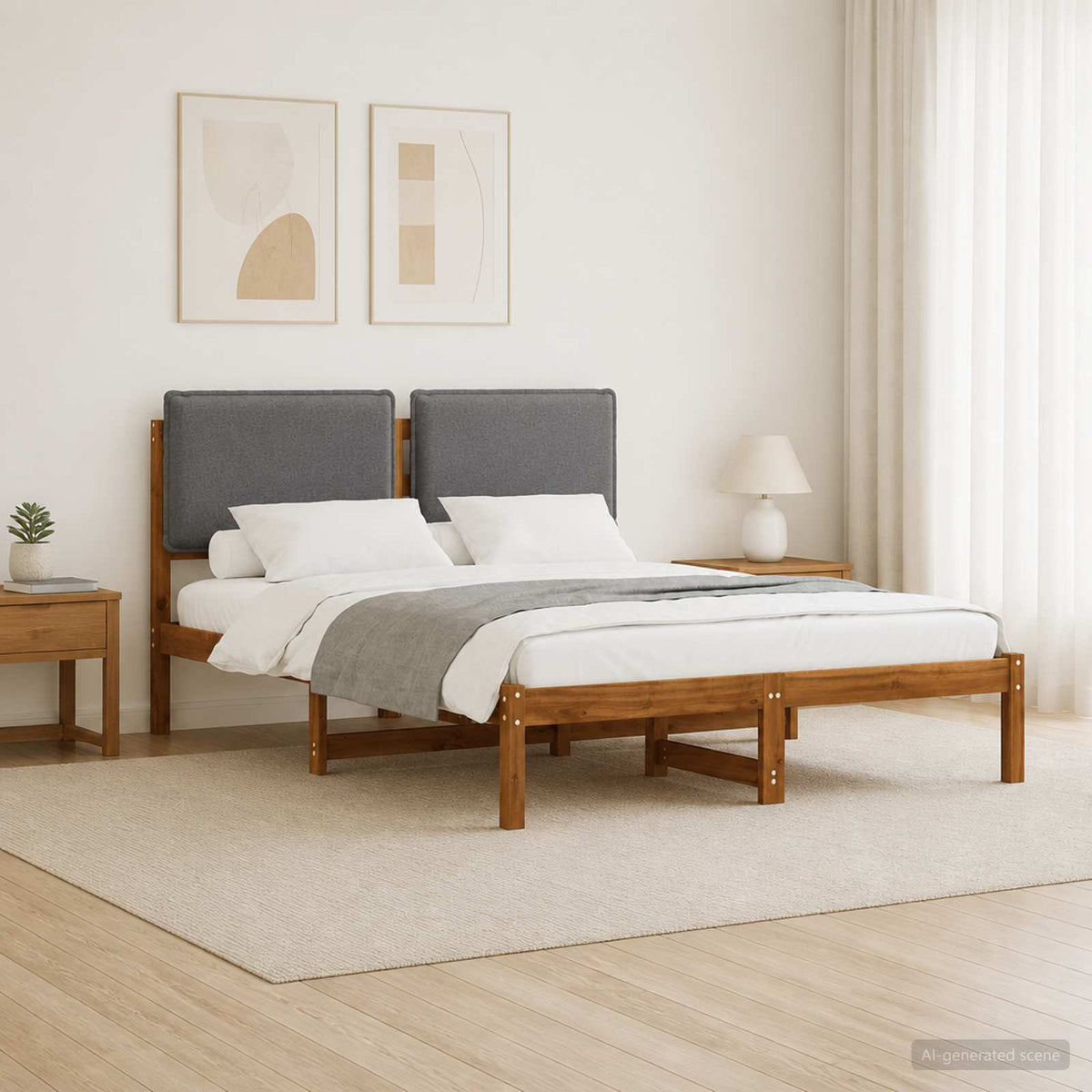 vidaXL Bedframe met gestoffeerd hoofdbord Naturel en lichtgrijs