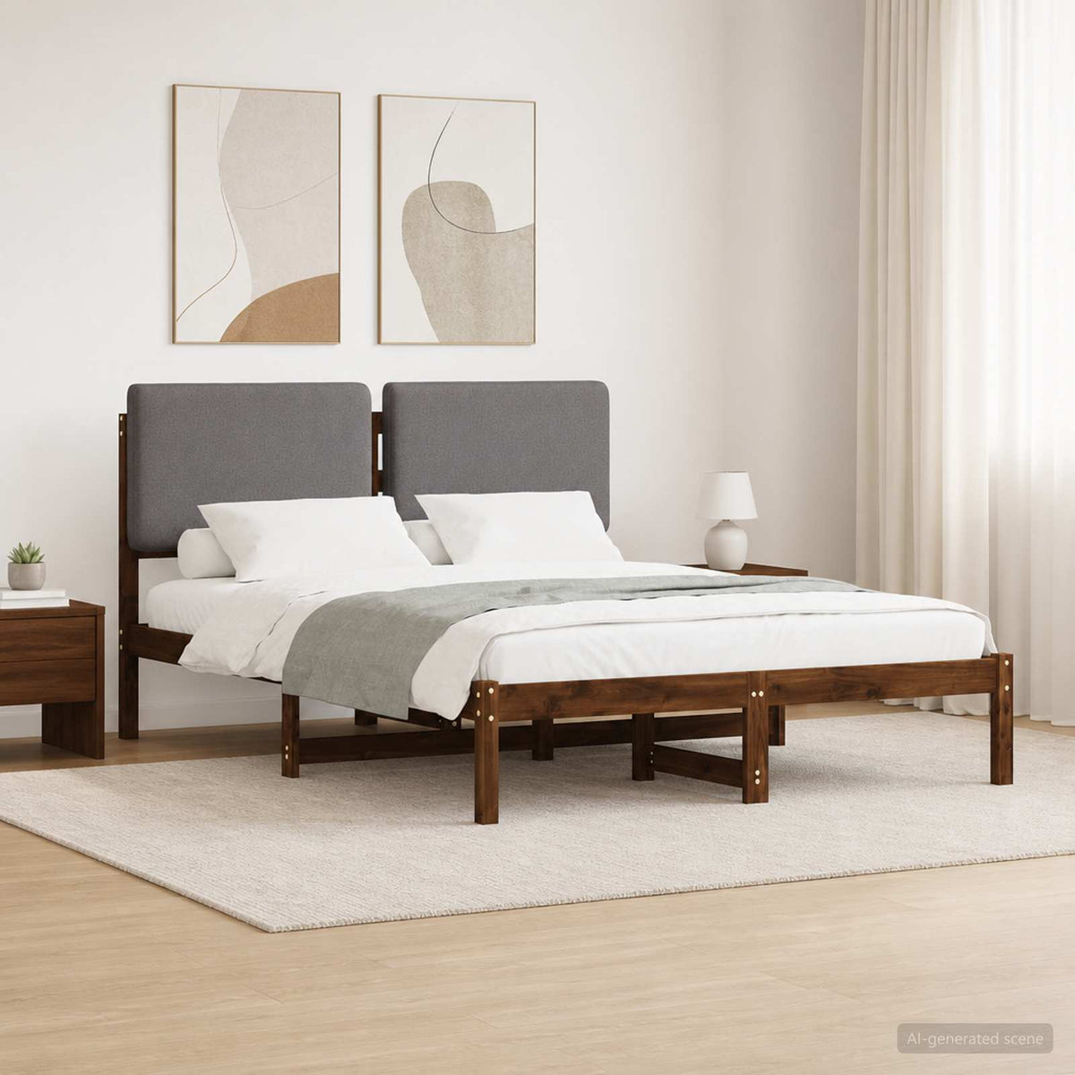 vidaXL Bedframe met gestoffeerd hoofdbord Donkerbruin en lichtgrijs
