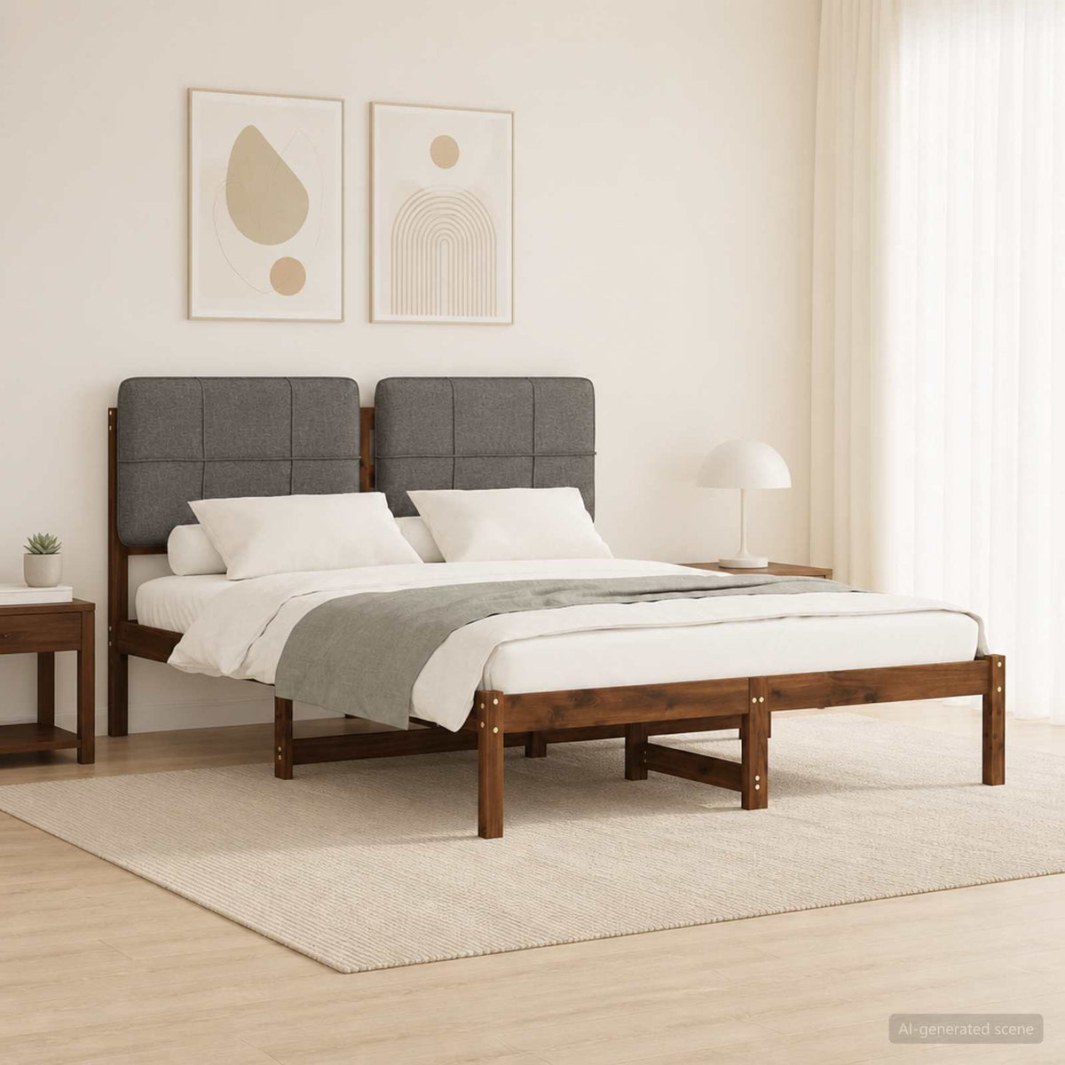 vidaXL Bedframe met gestoffeerd hoofdbord Donkerbruin en lichtgrijs