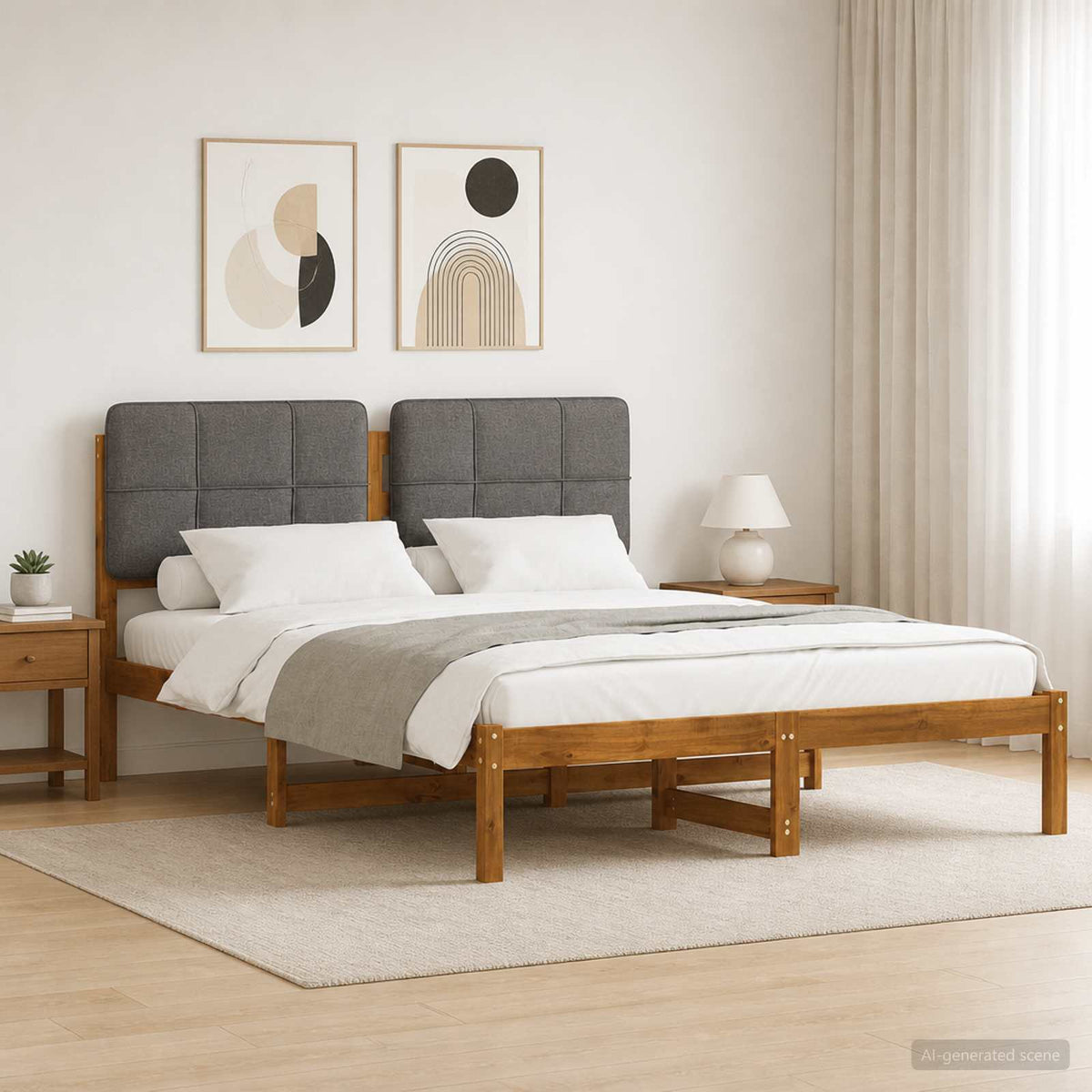 Bedframe met gestoffeerd hoofdbord Naturel en lichtgrijs is nu te koop bij PeponiXL, paradijselijk wonen!
