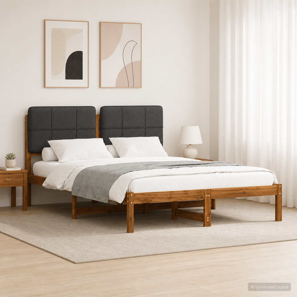 Bedframe met gestoffeerd hoofdbord Naturel en donkergrijs is nu te koop bij PeponiXL, paradijselijk wonen!