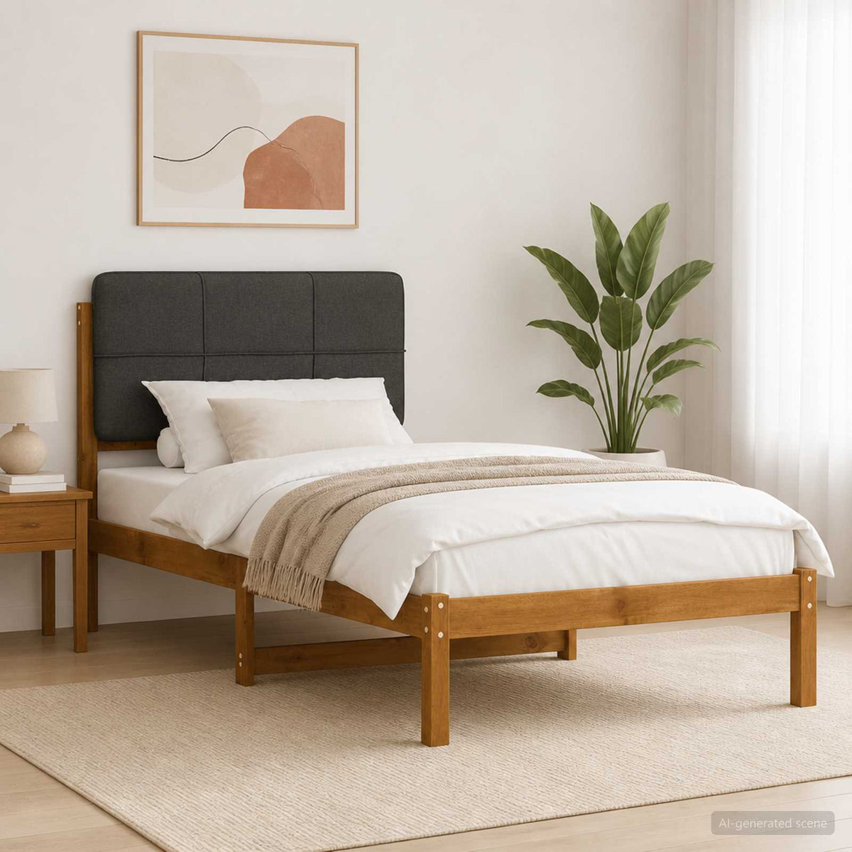 Bedframe met gestoffeerd hoofdbord Naturel en donkergrijs is nu te koop bij PeponiXL, paradijselijk wonen!