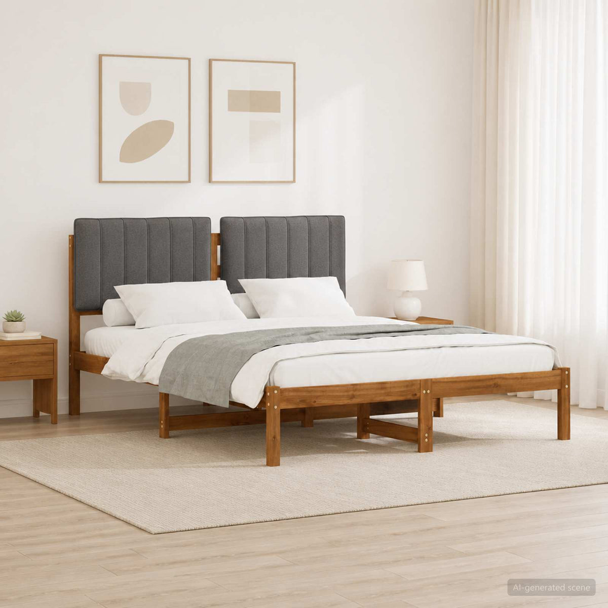 Bedframe met gestoffeerd hoofdbord Naturel en lichtgrijs is nu te koop bij PeponiXL, paradijselijk wonen!