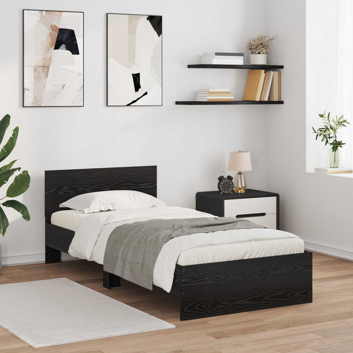 Bedframe met LED-stripverlichting Zwart eiken Bewerkt hout is nu te koop bij PeponiXL, paradijselijk wonen!