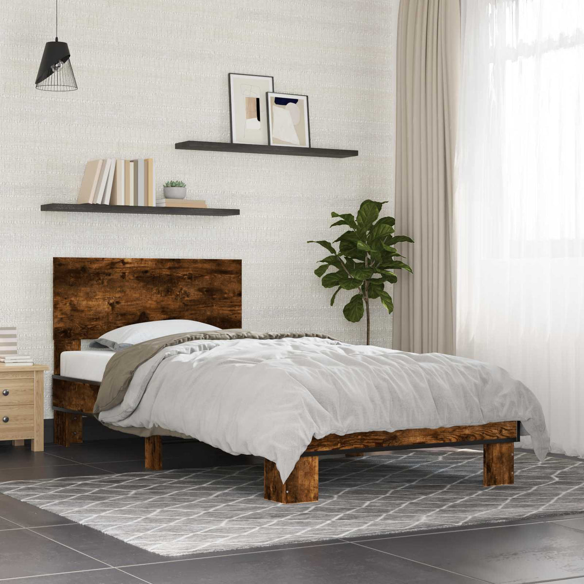 Bedframe met Hoofdeinde Gerookt eiken 80 x 200 cm Bewerkt hout is nu te koop bij PeponiXL, paradijselijk wonen!