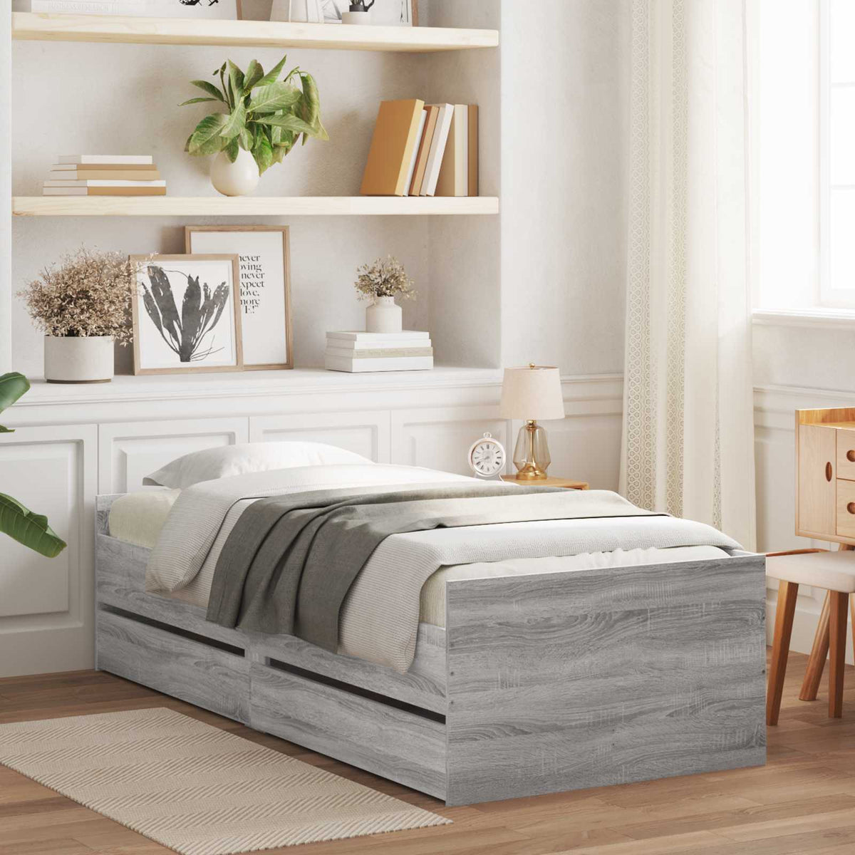 Bedframe met lade met opslag Betongrijs Massief grenenhout is nu te koop bij PeponiXL, paradijselijk wonen!