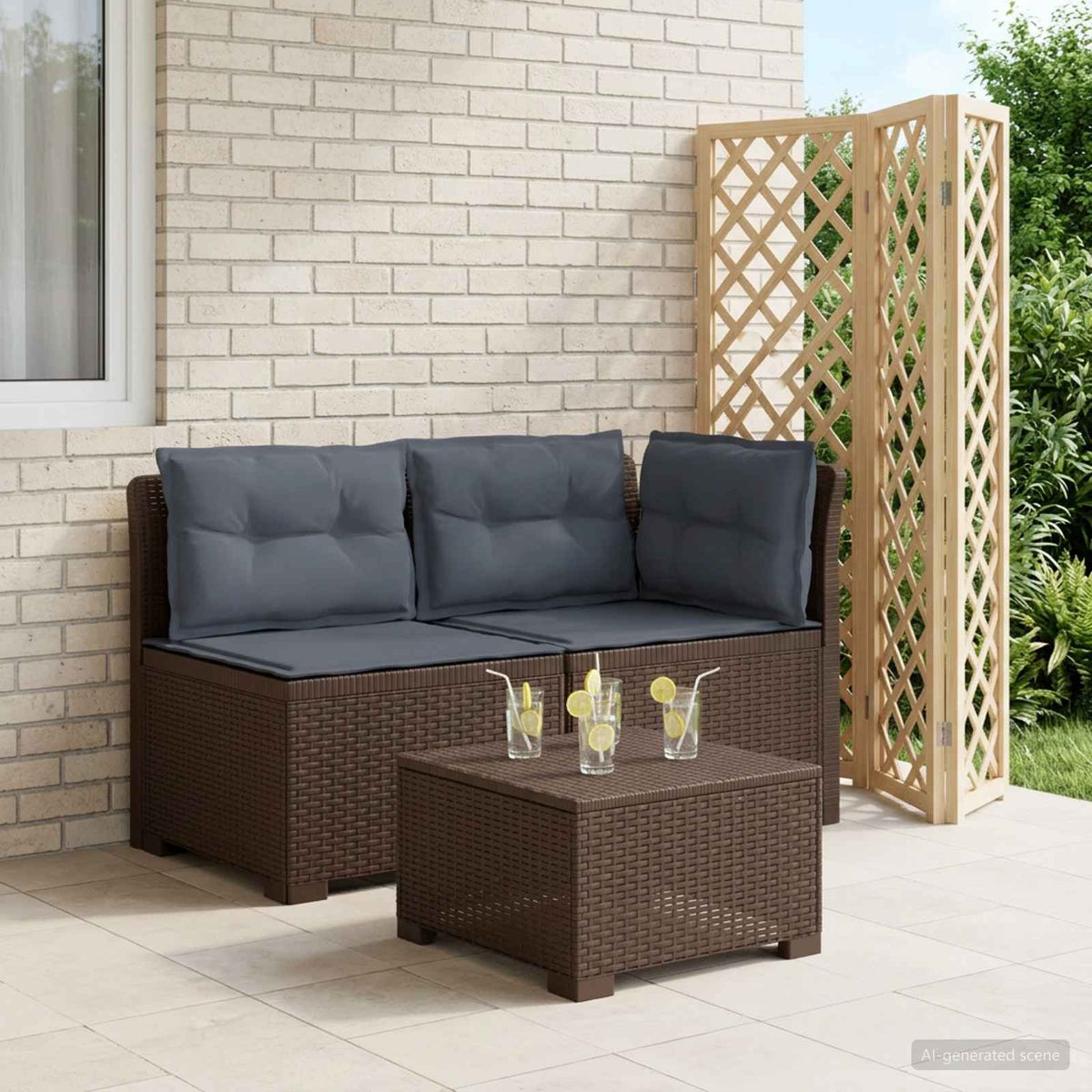 Tweedelige Tuinbank met Kussens Rattan Look PP Bruin is nu te koop bij PeponiXL, paradijselijk wonen!