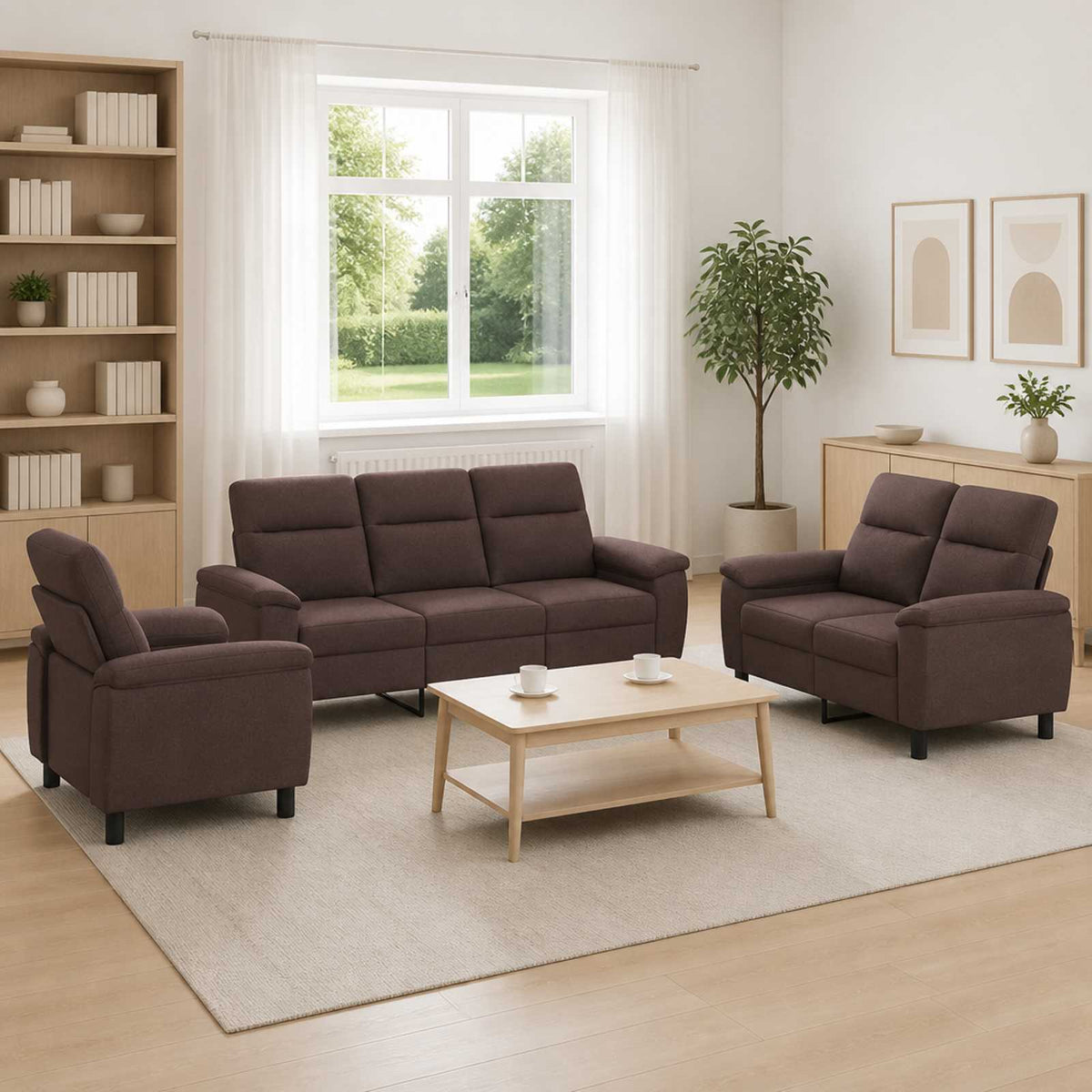Bankstel 3 pcs Donkerbruin Stof is nu te koop bij PeponiXL, paradijselijk wonen!