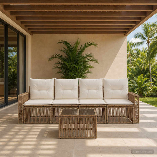 Tuinbankenset 5 pcs Beige en Crème Wit poly rattan is nu te koop bij PeponiXL, paradijselijk wonen!