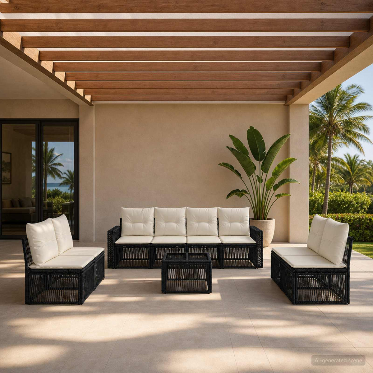 Tuinbankenset 9 pcs Zwart en Cream Wit poly rattan is nu te koop bij PeponiXL, paradijselijk wonen!