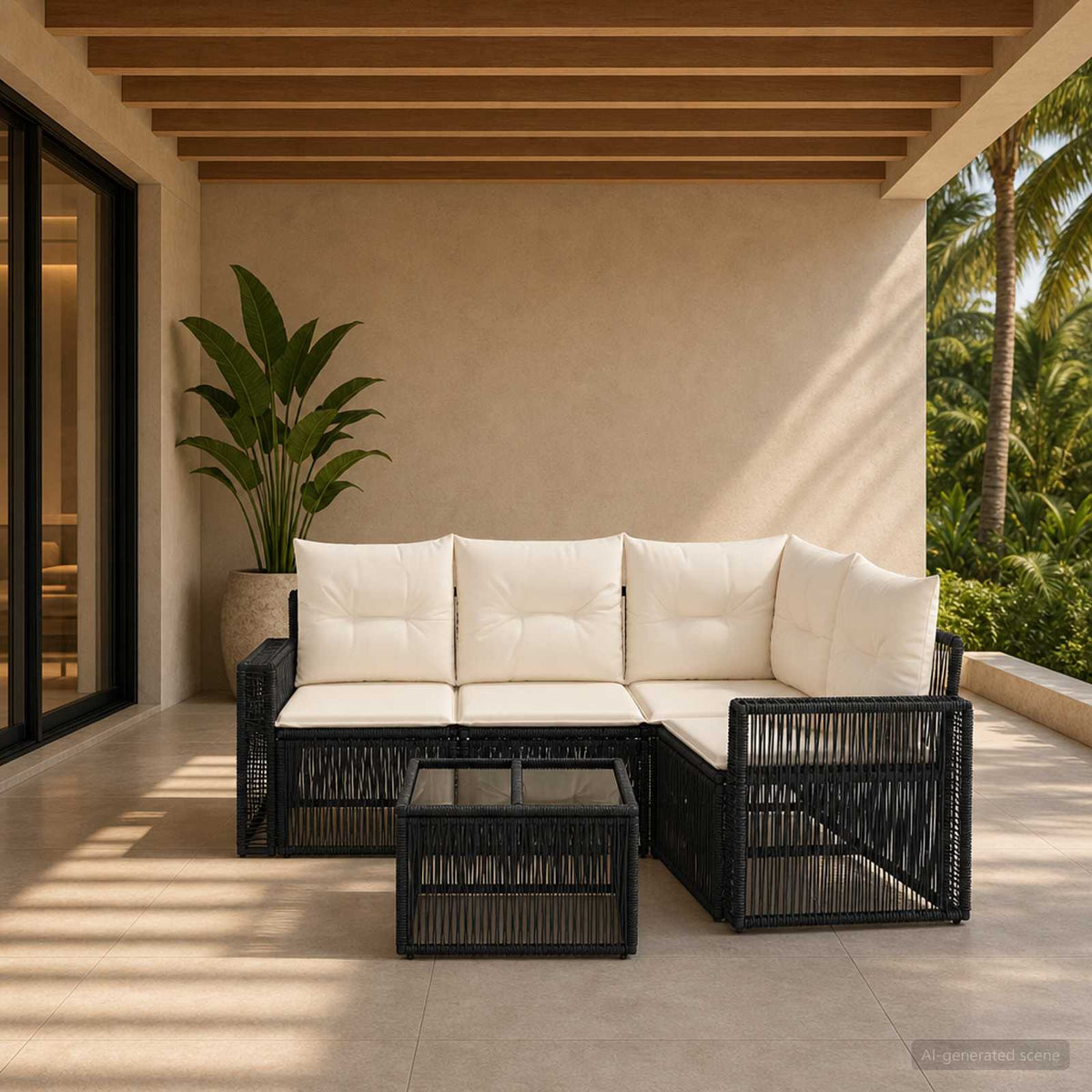 Tuinbankenset 5 pcs Zwart en Cream Wit poly rattan is nu te koop bij PeponiXL, paradijselijk wonen!