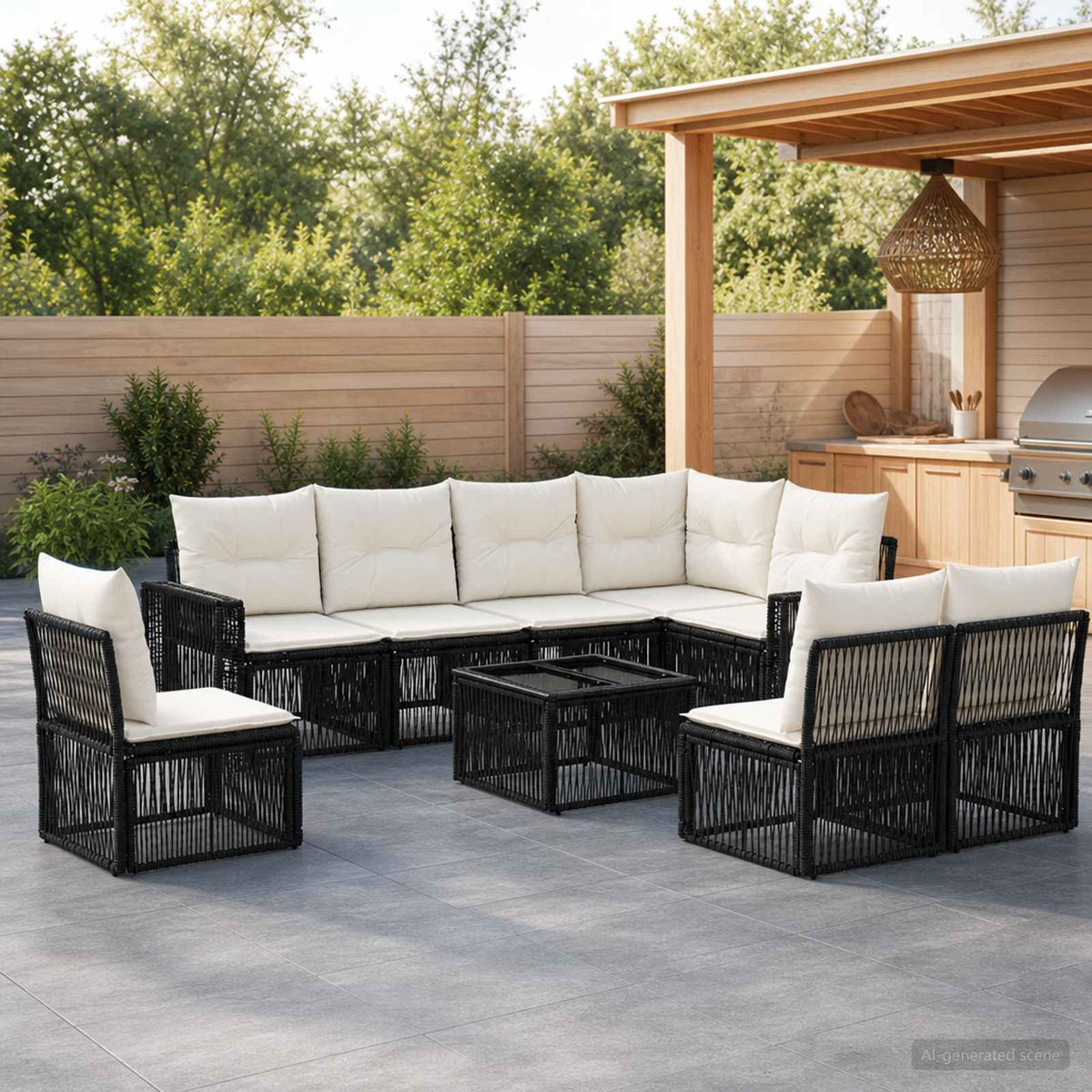 Tuinbankenset 9 pcs Zwart en Cream Wit poly rattan is nu te koop bij PeponiXL, paradijselijk wonen!