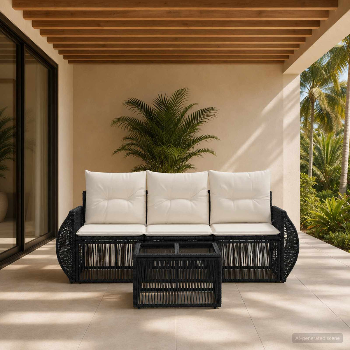 Tuinbankenset 4 pcs Zwart en Cream Wit poly rattan is nu te koop bij PeponiXL, paradijselijk wonen!