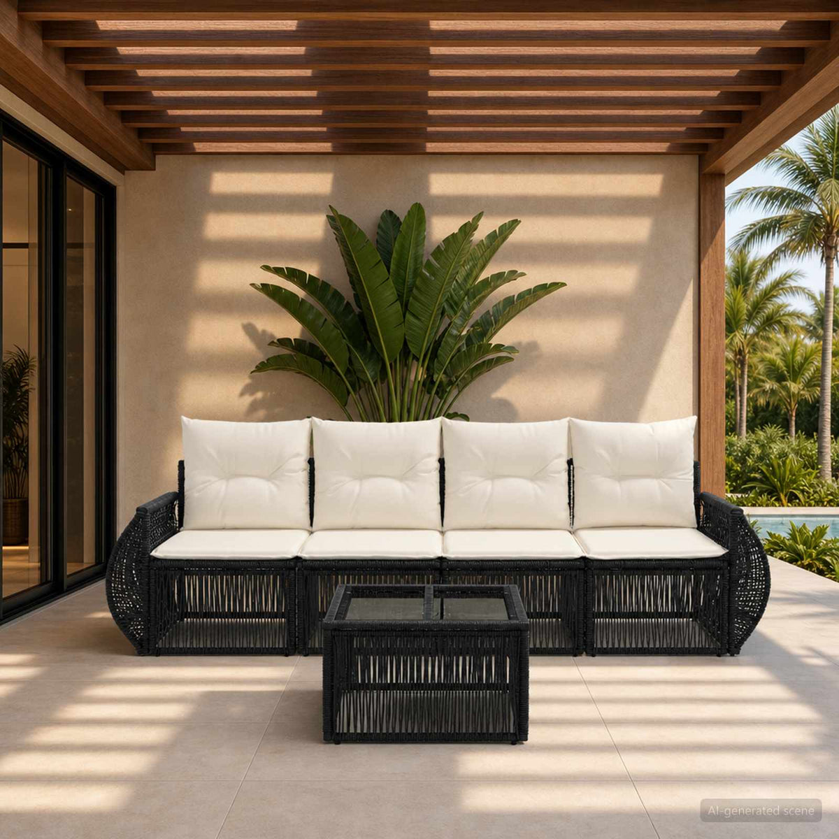 Tuinbankenset 5 pcs Zwart en Cream Wit poly rattan is nu te koop bij PeponiXL, paradijselijk wonen!