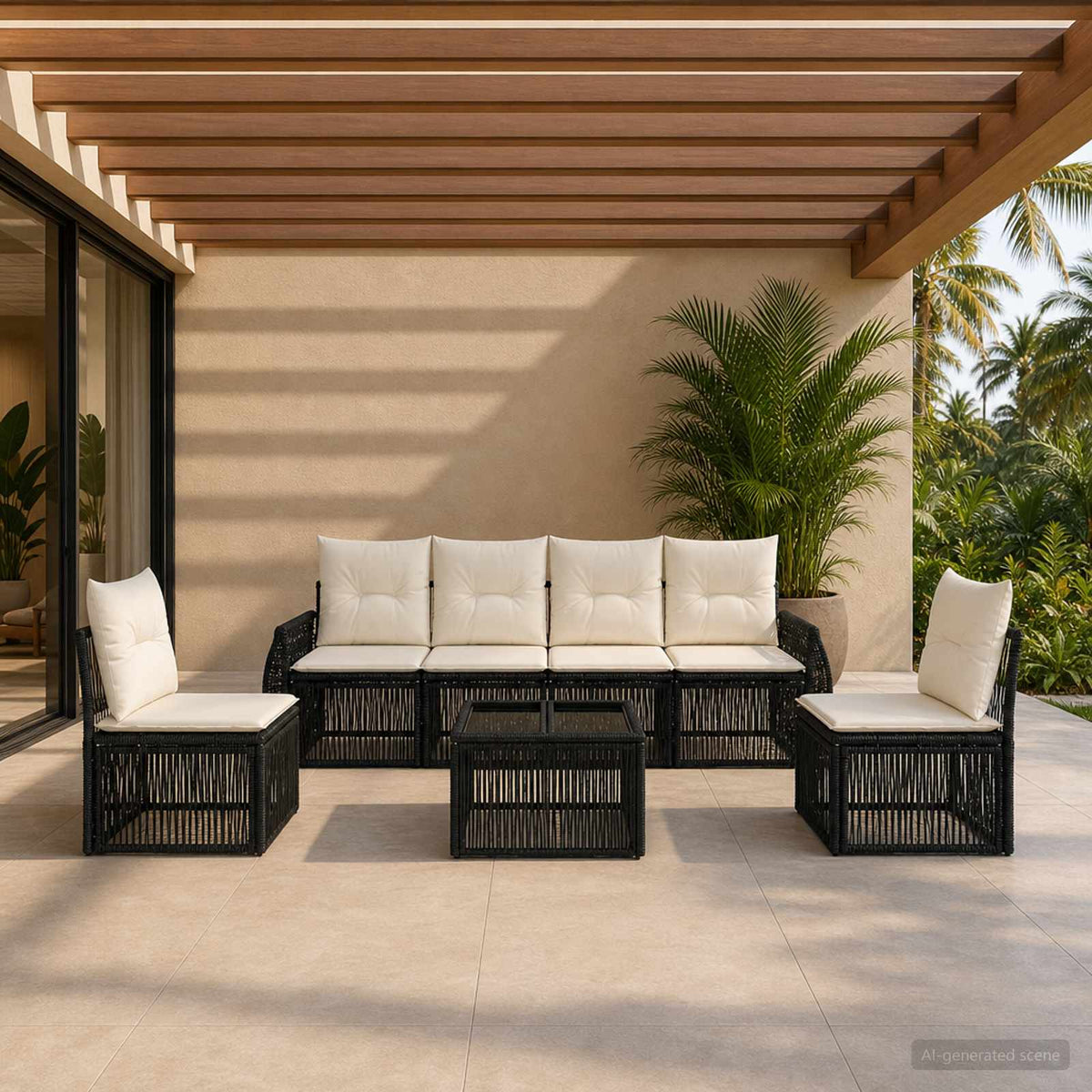 Tuinbankenset 7 pcs Zwart en Cream Wit poly rattan is nu te koop bij PeponiXL, paradijselijk wonen!