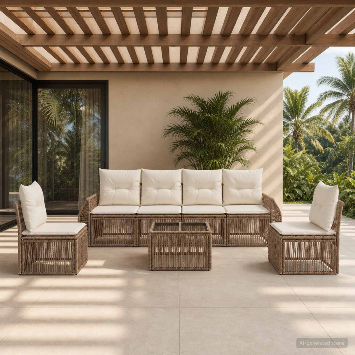 Tuinbankenset 7 pcs Beige en Crème Wit poly rattan is nu te koop bij PeponiXL, paradijselijk wonen!