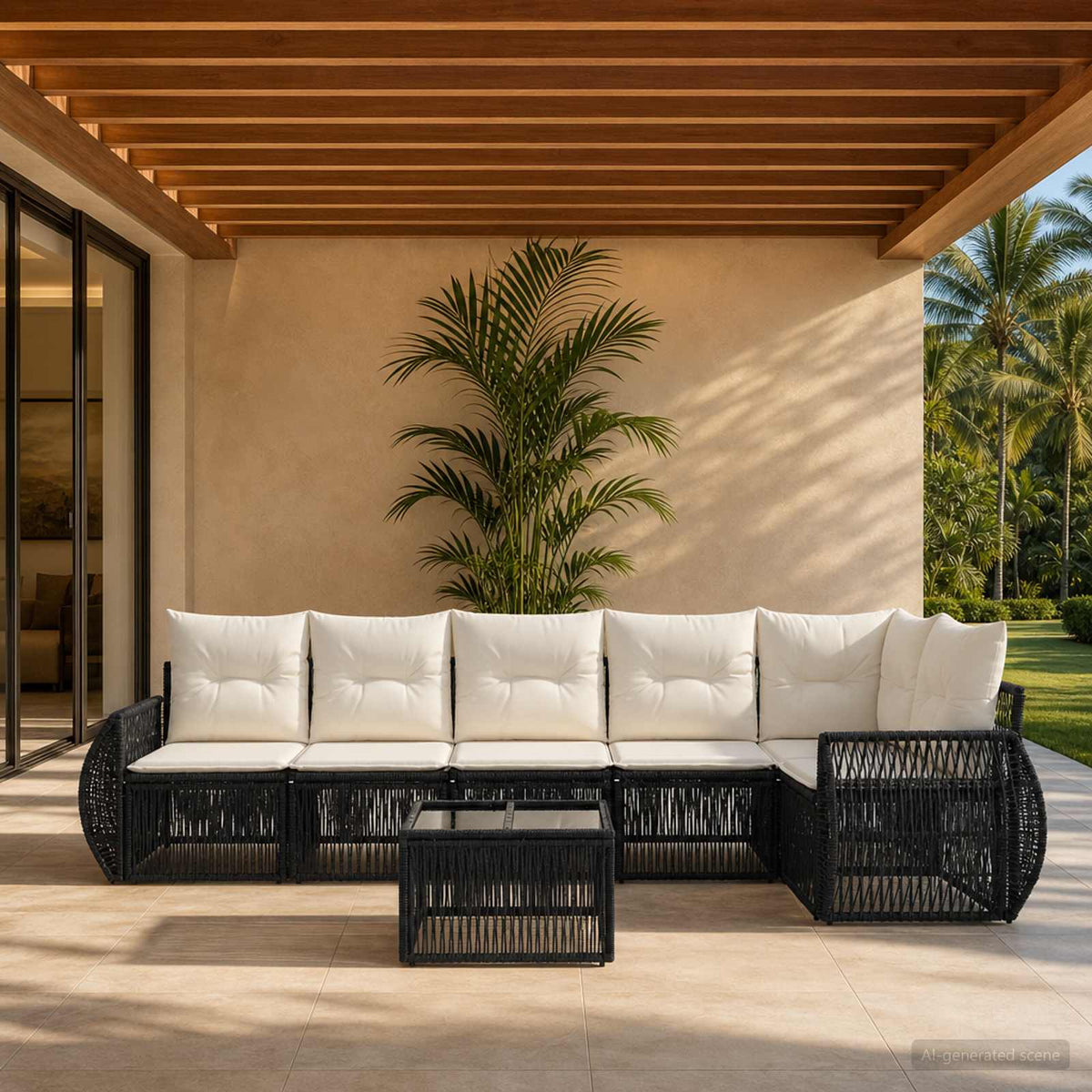 Tuinbankenset 7 pcs Zwart en Cream Wit poly rattan is nu te koop bij PeponiXL, paradijselijk wonen!