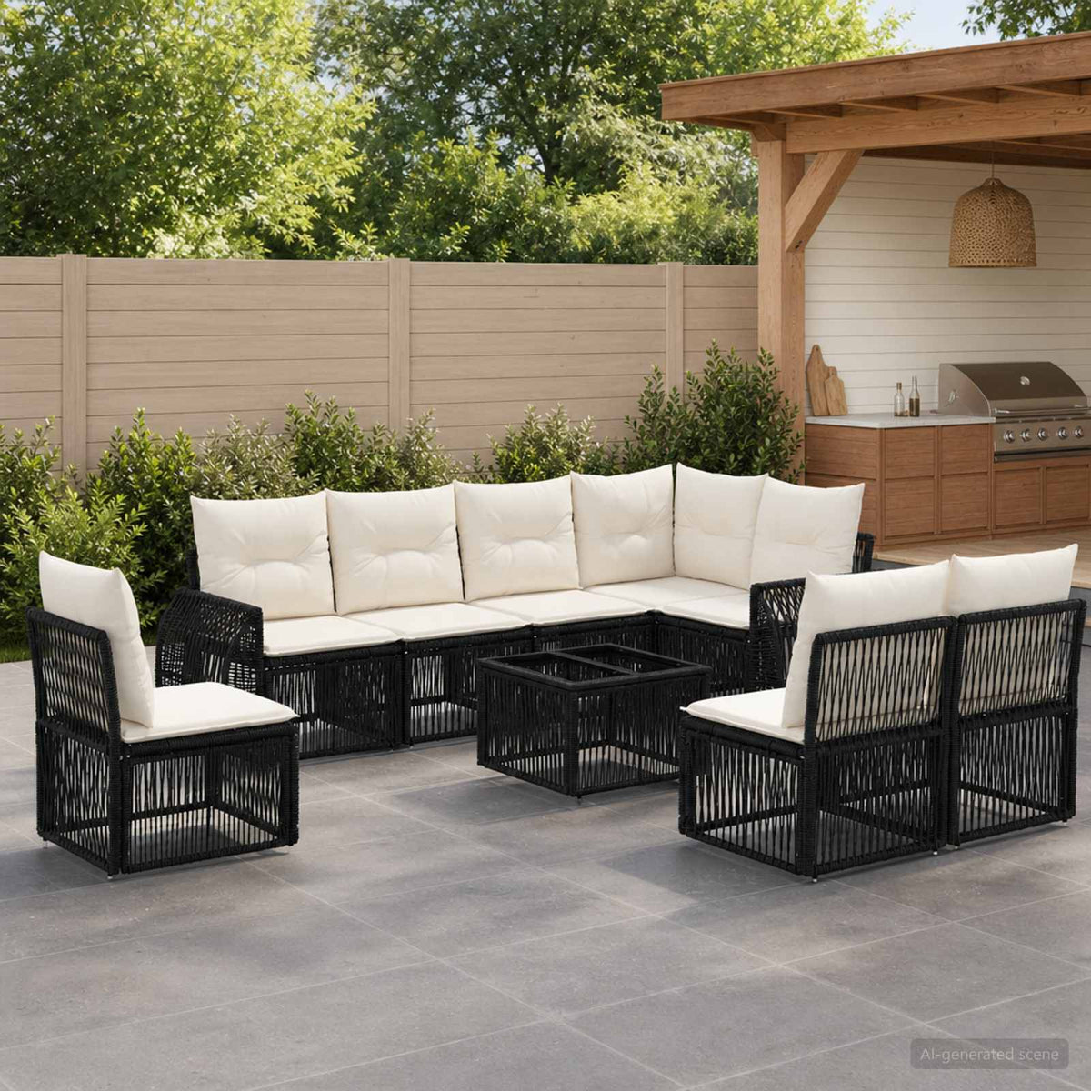 Tuinbankenset 9 pcs Zwart en Cream Wit poly rattan is nu te koop bij PeponiXL, paradijselijk wonen!