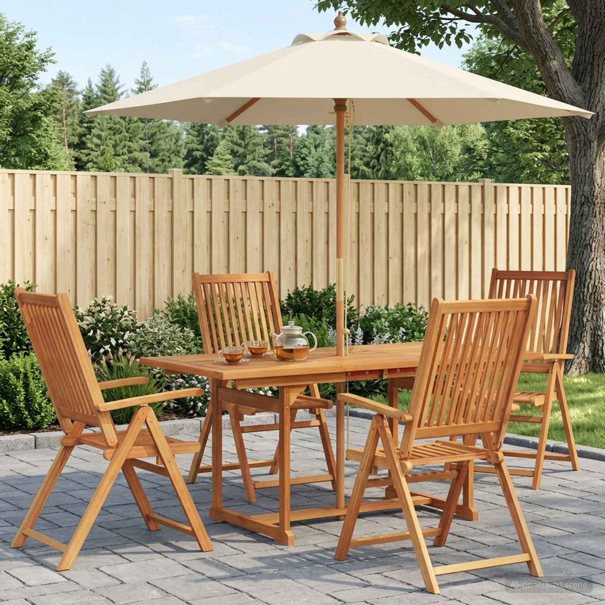 Buiten Eetset met Parasol 6 st Crème Wit en Natuurlijk is nu te koop bij PeponiXL, paradijselijk wonen!