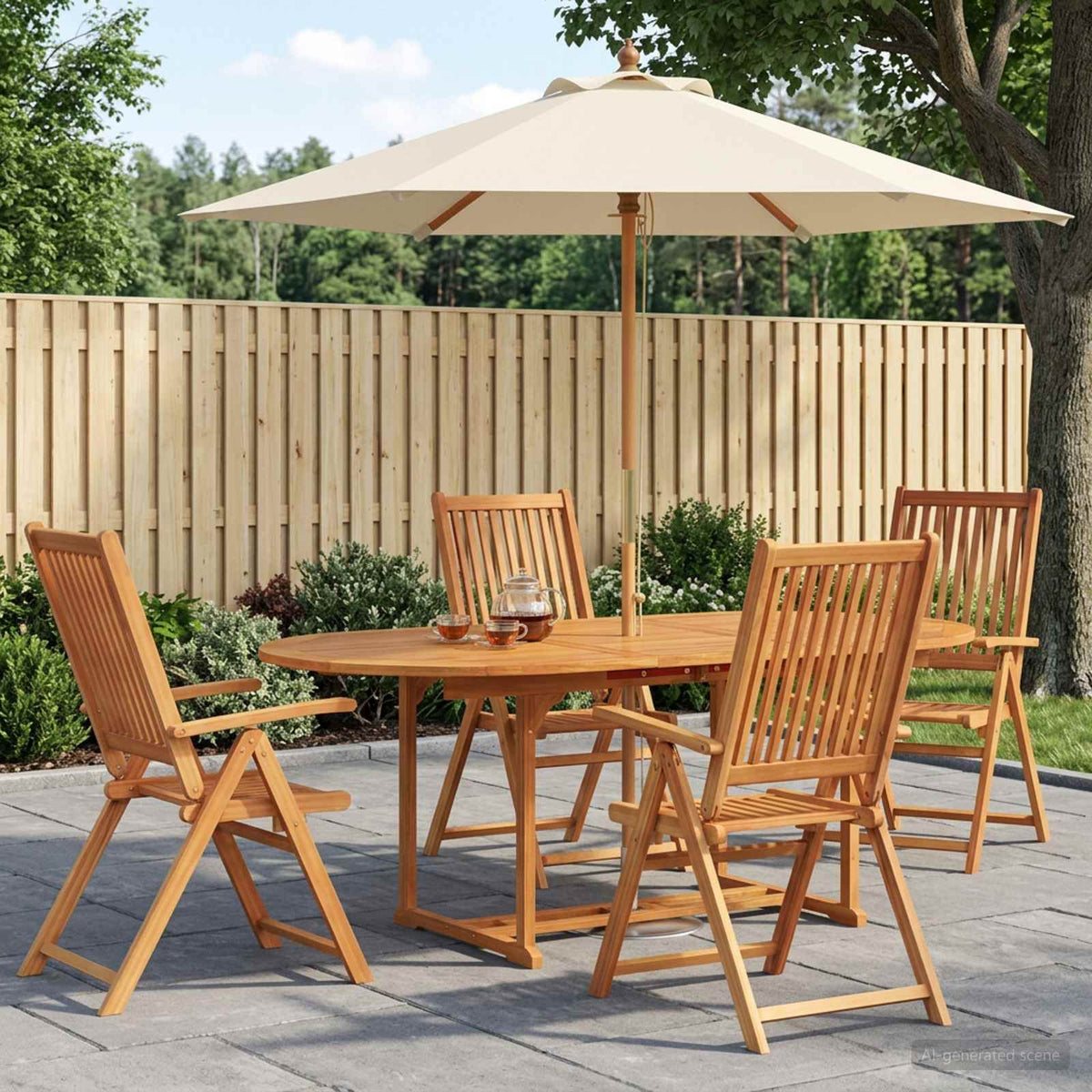 Buiten Eetset met Parasol 6 st Crème Wit en Natuurlijk is nu te koop bij PeponiXL, paradijselijk wonen!