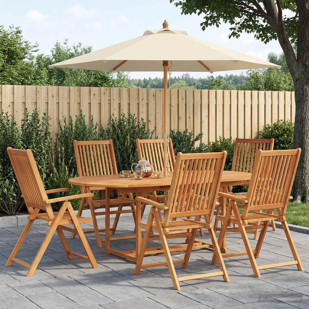 Buiten Eetset met Parasol 8 st Crème Wit en Natuurlijk is nu te koop bij PeponiXL, paradijselijk wonen!