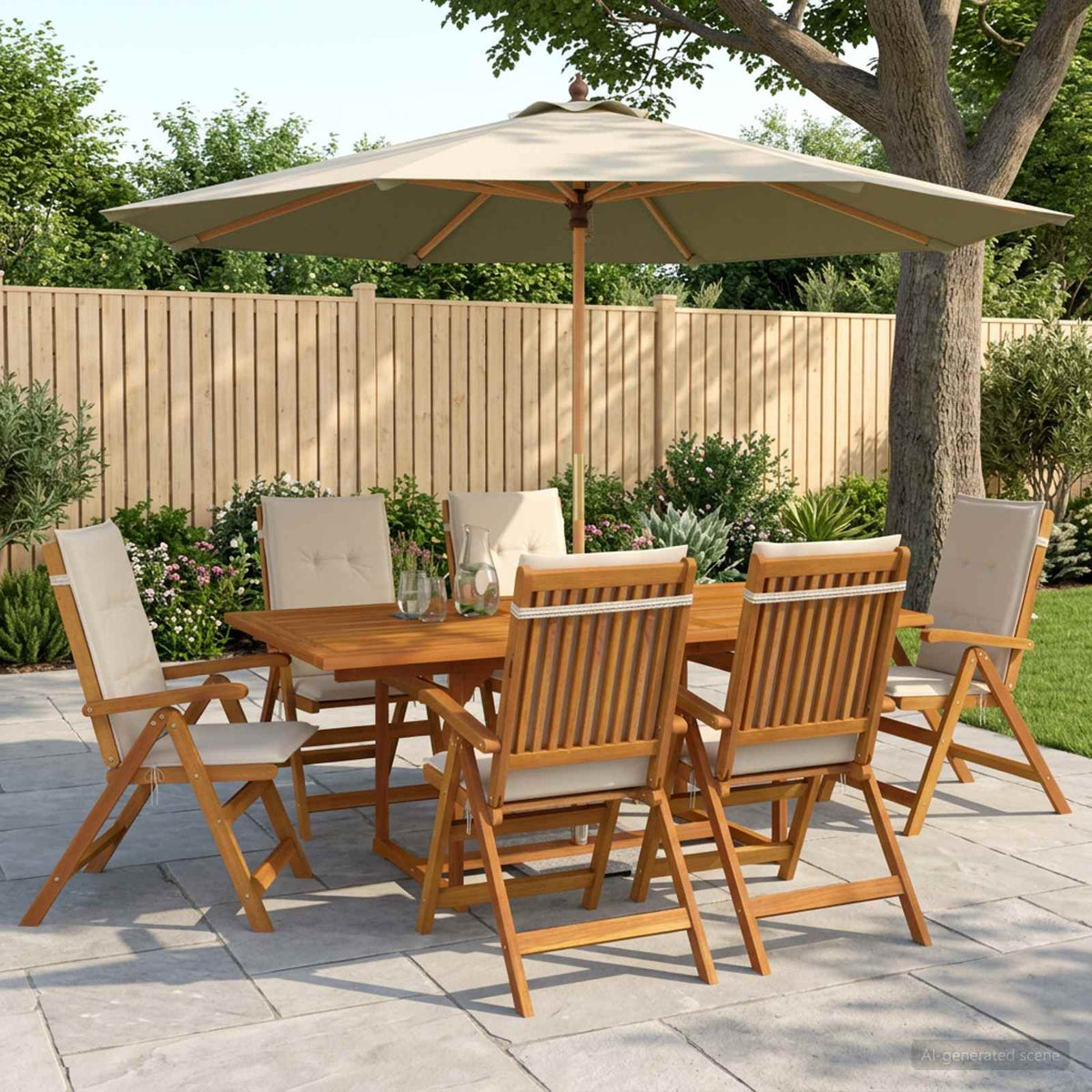 vidaXL Buiten Eetset met Parasol 8 st Crèmewit Massief Acaciahout
