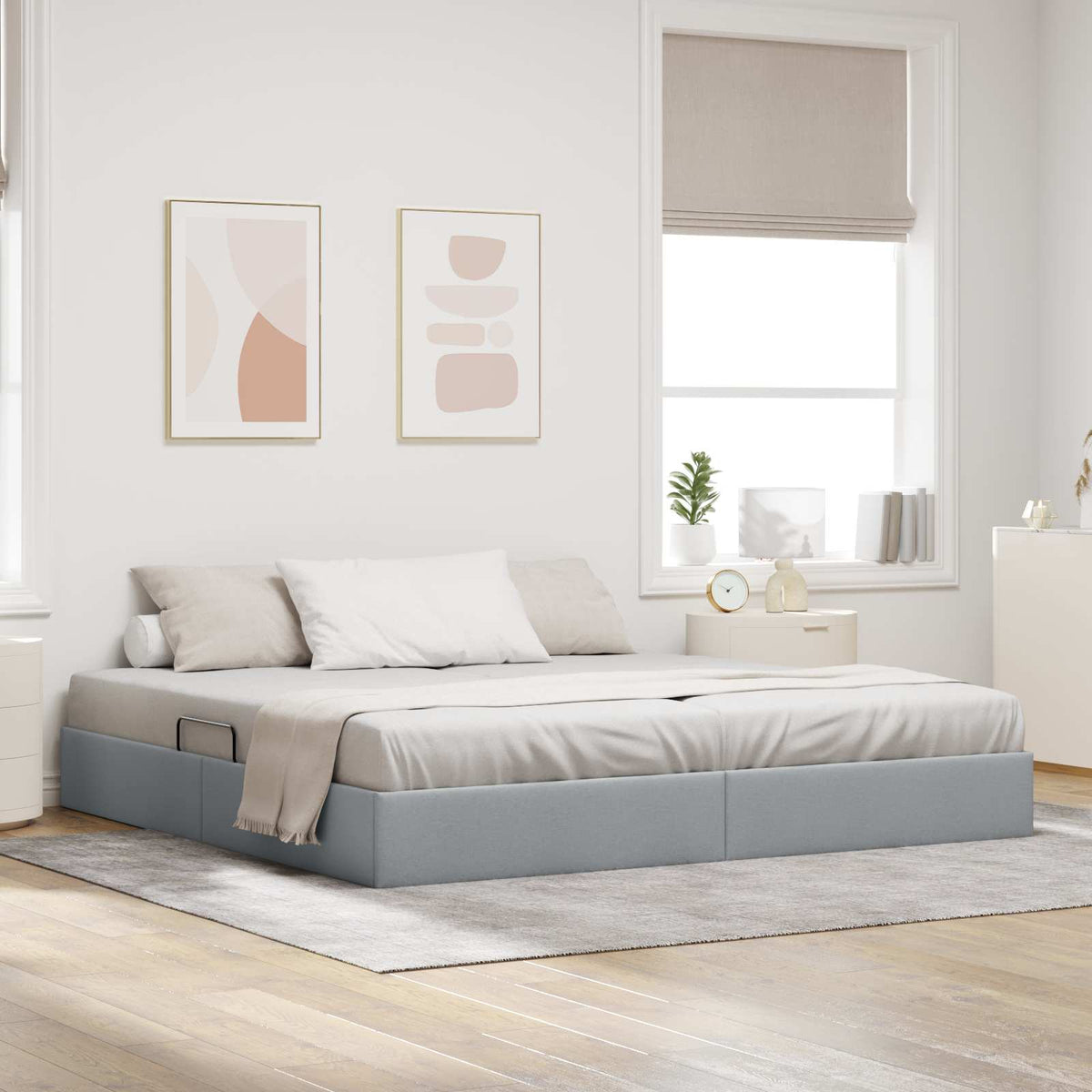 Ottoman Bedframe met opslag Lichtgrijs 200 x 200 cm Stof is nu te koop bij PeponiXL, paradijselijk wonen!