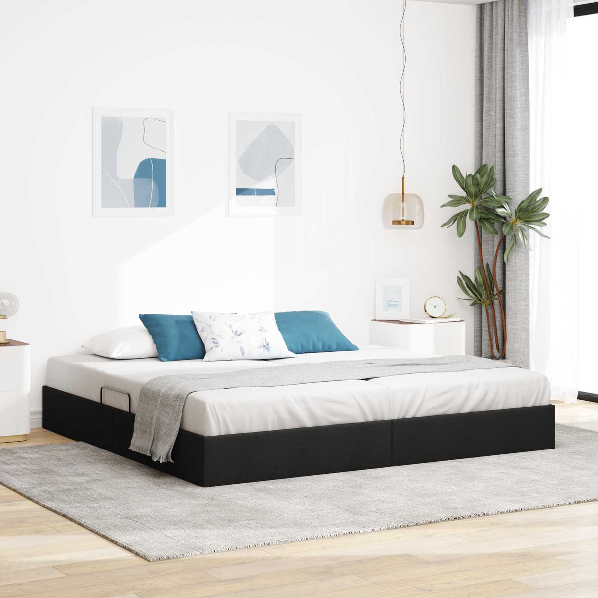 Ottoman Bedframe met opslag Zwart 200 x 200 cm Stof is nu te koop bij PeponiXL, paradijselijk wonen!
