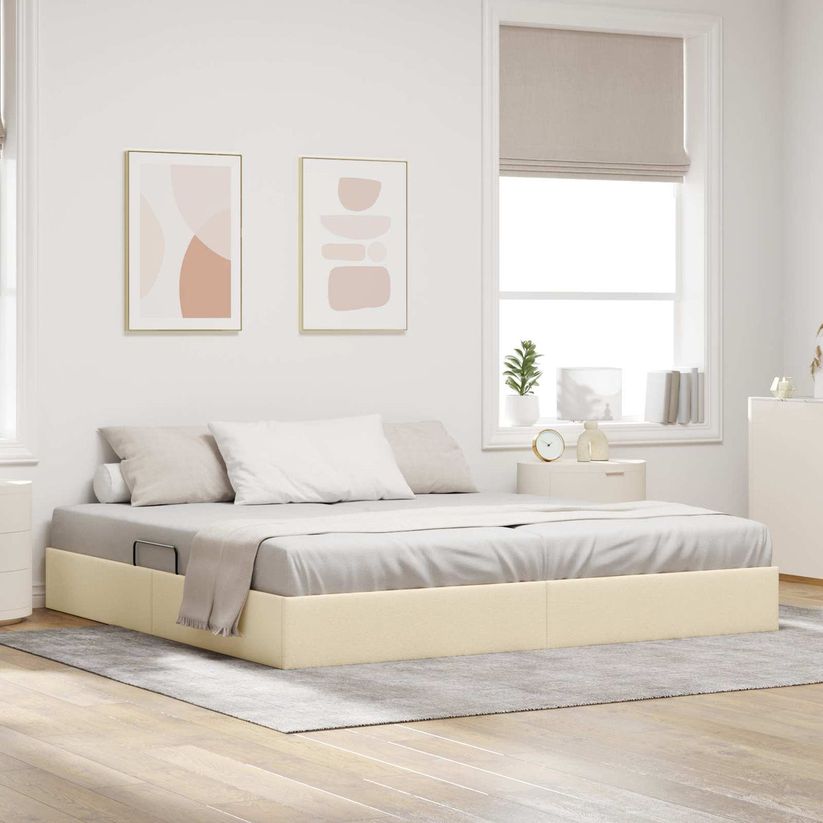 Ottoman Bedframe met opslag Crème 200 x 200 cm Stof is nu te koop bij PeponiXL, paradijselijk wonen!