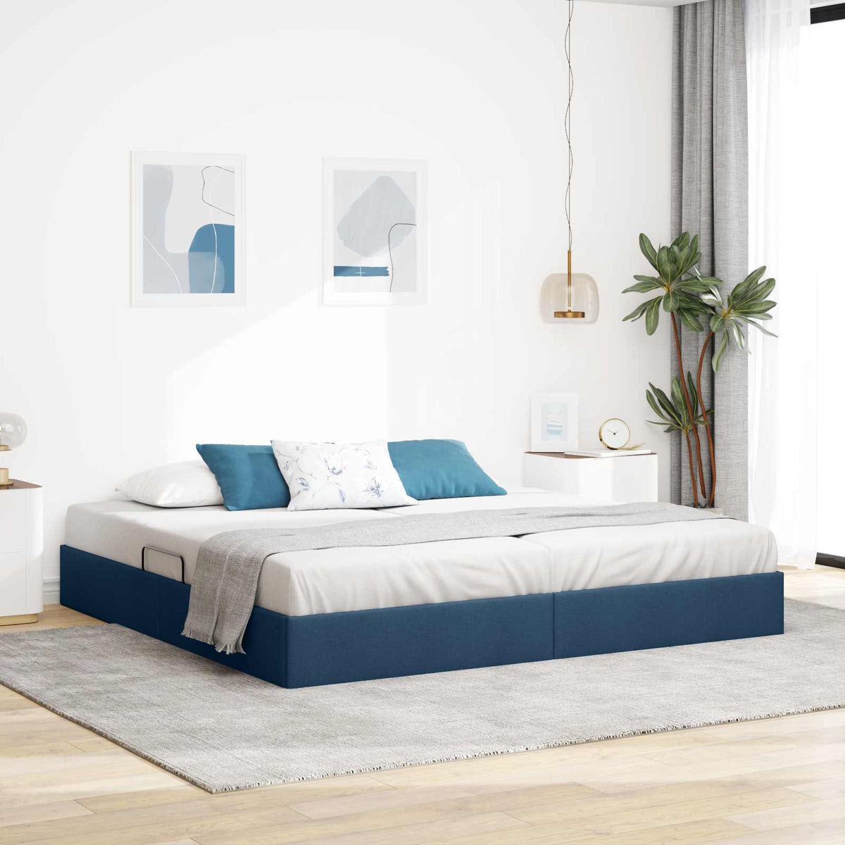 Ottoman Bedframe met opslag Blauw 200 x 200 cm Stof is nu te koop bij PeponiXL, paradijselijk wonen!