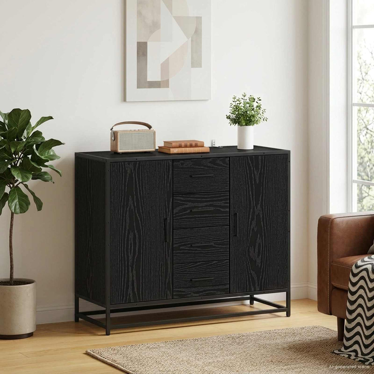 Dressoir Zwart eiken 92 x 35 x 76 cm Bewerkt hout is nu te koop bij PeponiXL, paradijselijk wonen!