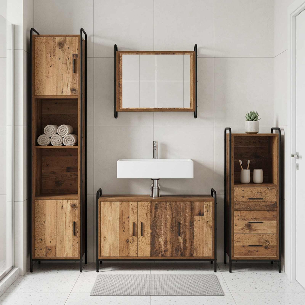 Badkamerkastenset 3 st Oud hout 40 x 36 x 109,5 cm Bewerkt hout is nu te koop bij PeponiXL, paradijselijk wonen!
