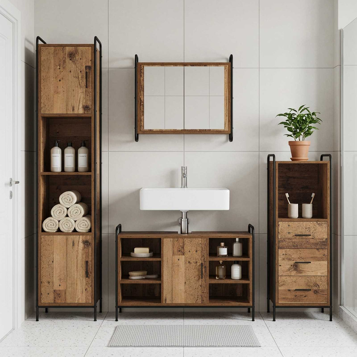 Badkamerkastenset 4 st Oud hout 40 x 36 x 181 cm Bewerkt hout is nu te koop bij PeponiXL, paradijselijk wonen!