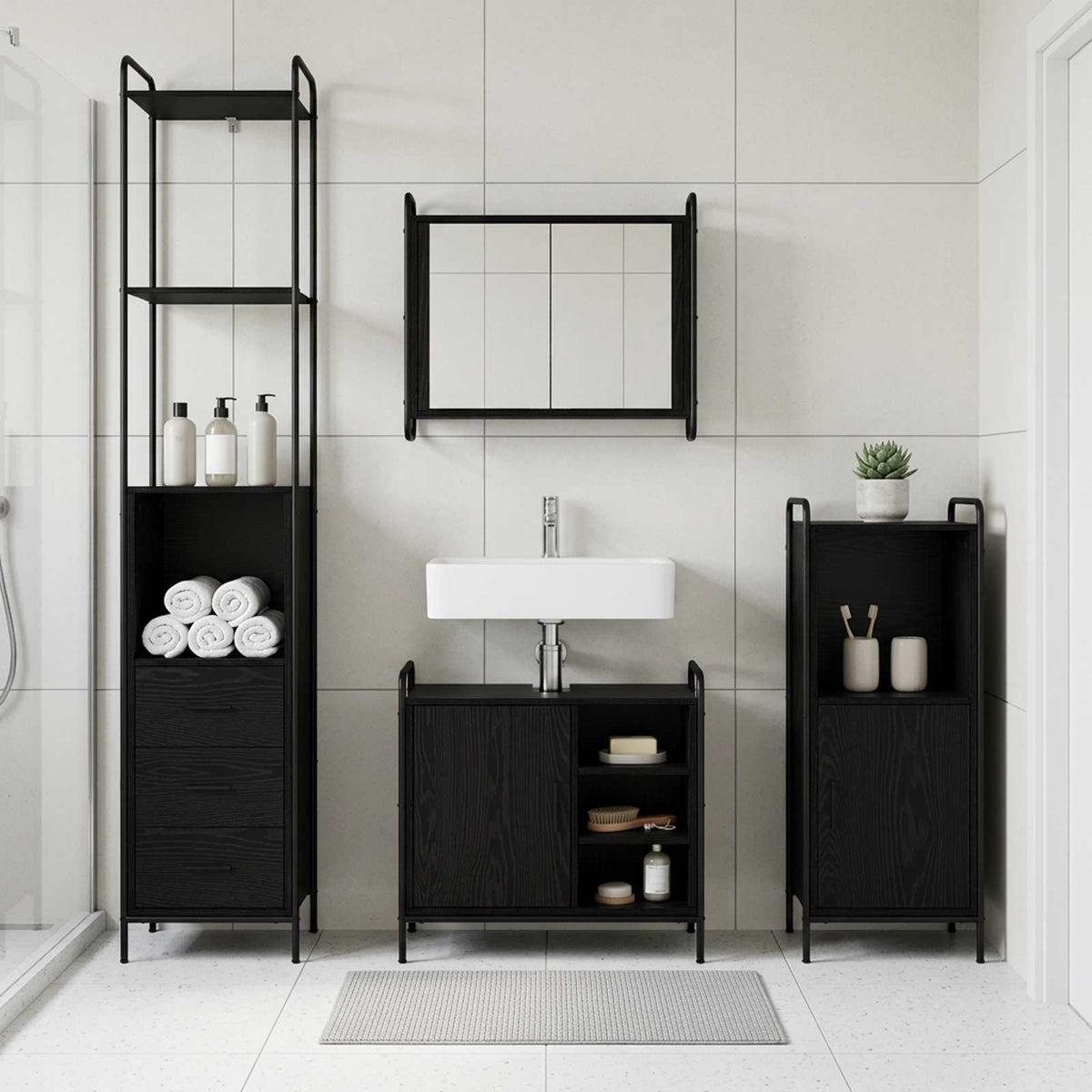 Badkamerkastenset 3 st Zwart eiken 40 x 36 x 181 cm is nu te koop bij PeponiXL, paradijselijk wonen!