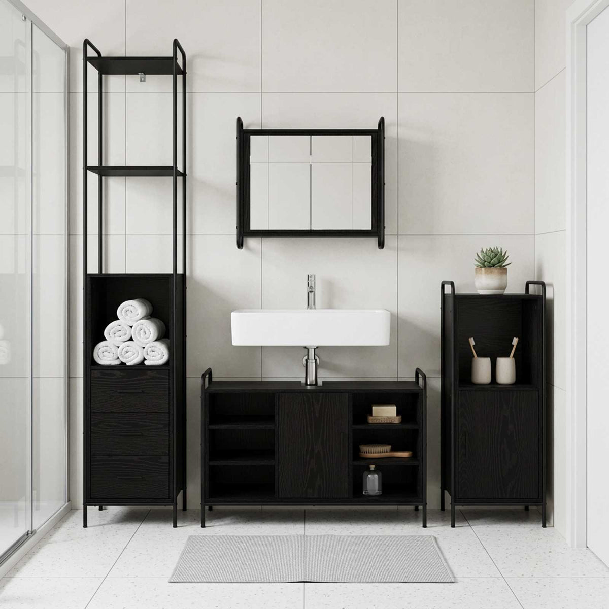 Badkamerkastenset 3 st Zwart eiken 40 x 36 x 181 cm is nu te koop bij PeponiXL, paradijselijk wonen!