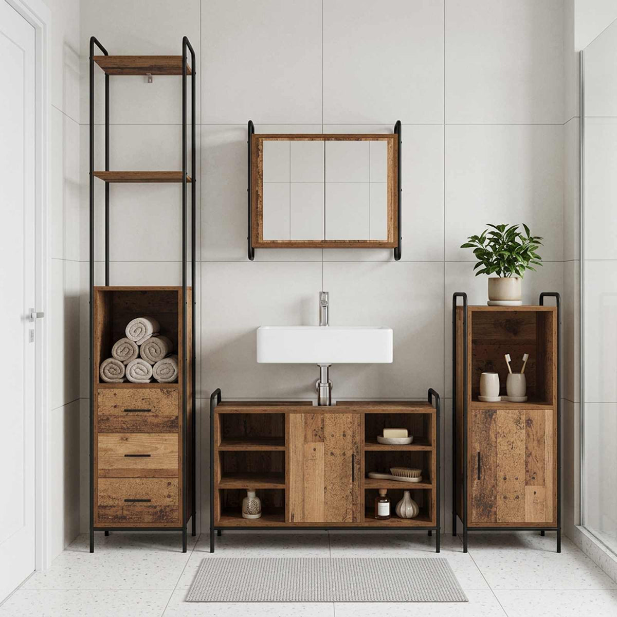 Badkamerkastenset 4 st Oud hout 40 x 36 x 200,5 cm Bewerkt hout is nu te koop bij PeponiXL, paradijselijk wonen!
