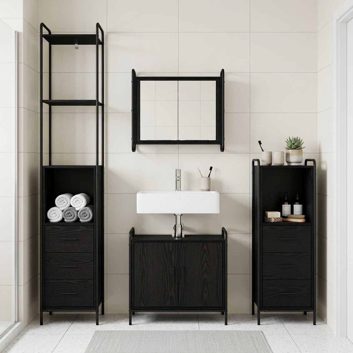 Badkamerkastenset 4 st Zwart eiken 40 x 36 x 200,5 cm is nu te koop bij PeponiXL, paradijselijk wonen!