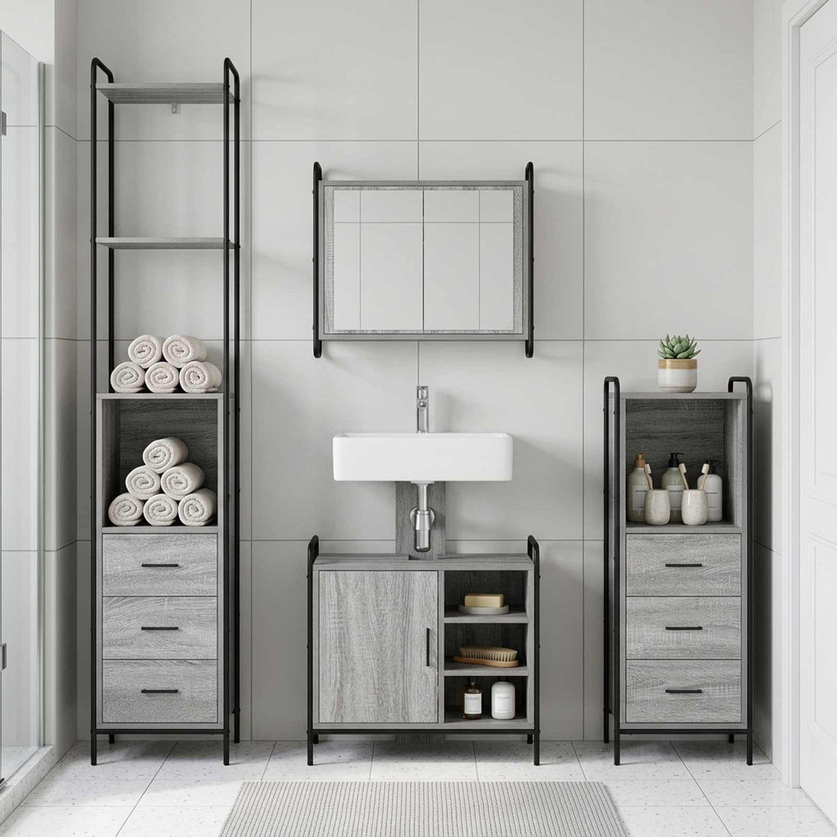 Badkamerkastenset 4 st Grijs Sonoma 40 x 36 x 200,5 cm is nu te koop bij PeponiXL, paradijselijk wonen!