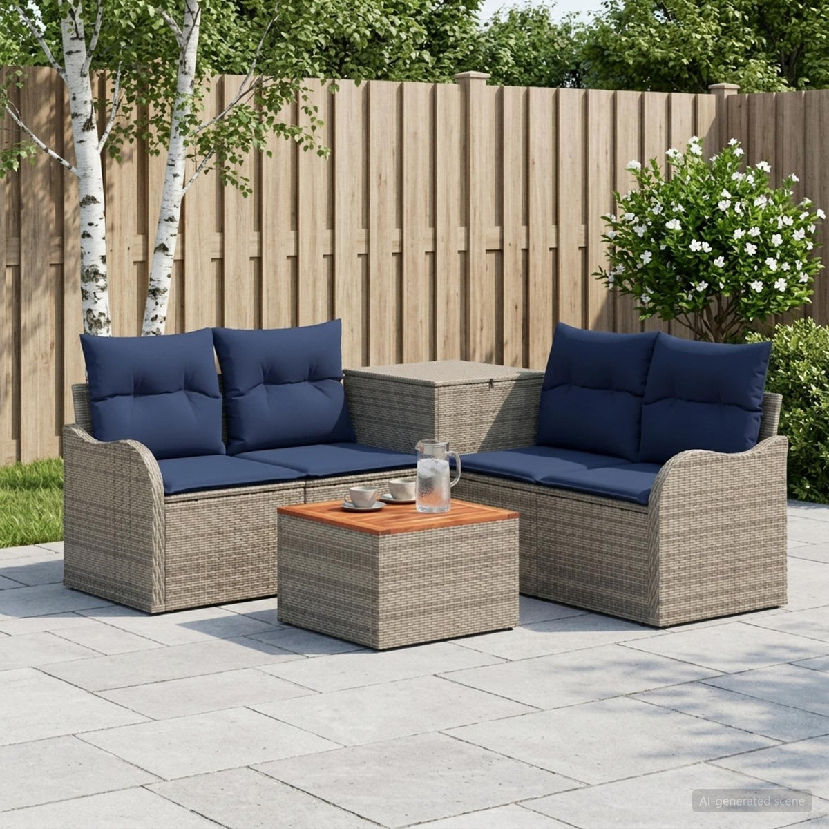Bankstel 6 st Grijs en Marineblauw Poly Rattan en Staal is nu te koop bij PeponiXL, paradijselijk wonen!