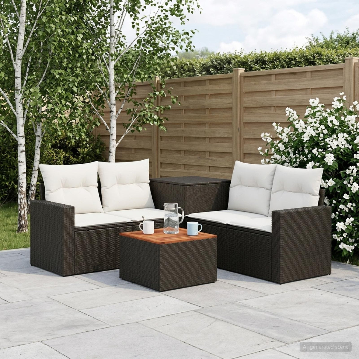 Bankstel 6 st Zwart en Cream Wit Poly Rattan en Staal is nu te koop bij PeponiXL, paradijselijk wonen!