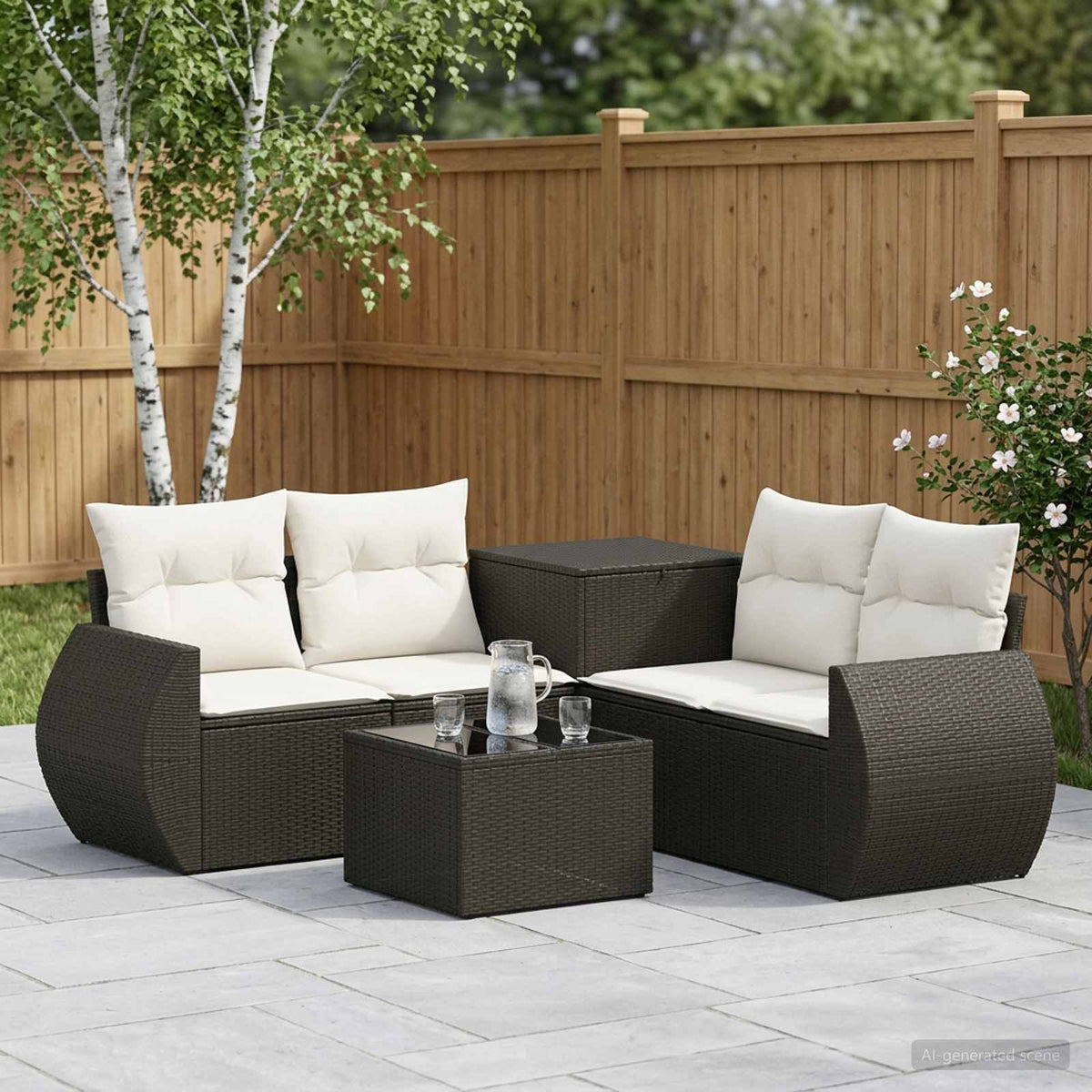 Bankstel 6 st Zwart en Cream Wit Poly Rattan en Staal is nu te koop bij PeponiXL, paradijselijk wonen!