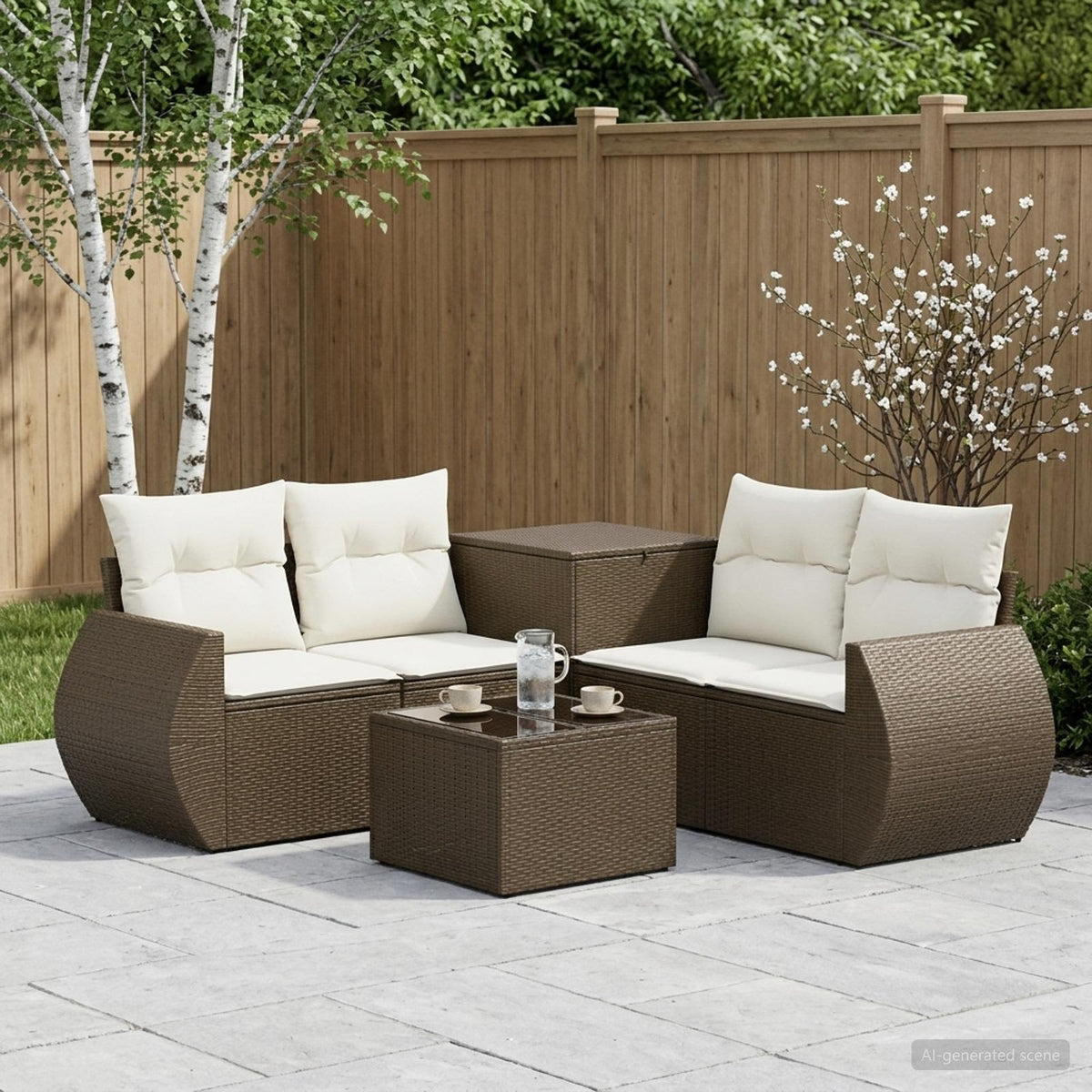 Bankstel 6 st Bruin en Crème Wit Poly Rattan en Staal is nu te koop bij PeponiXL, paradijselijk wonen!