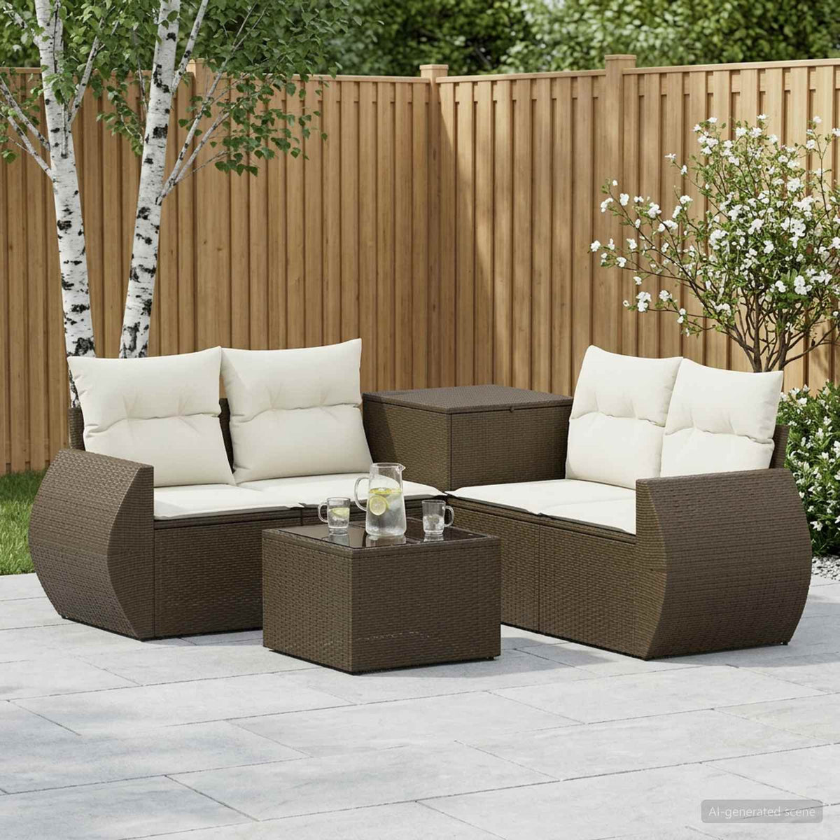 Bankstel 6 st Bruin en Crème Wit Poly Rattan en Staal is nu te koop bij PeponiXL, paradijselijk wonen!