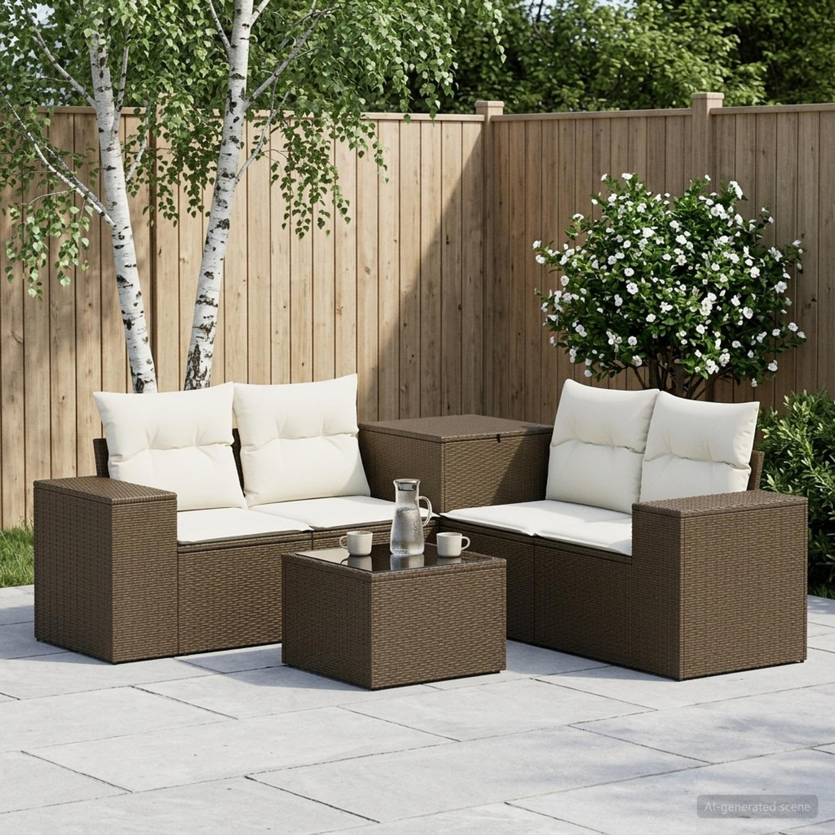 Bankstel 6 st Bruin en Crème Wit Poly Rattan en Staal is nu te koop bij PeponiXL, paradijselijk wonen!