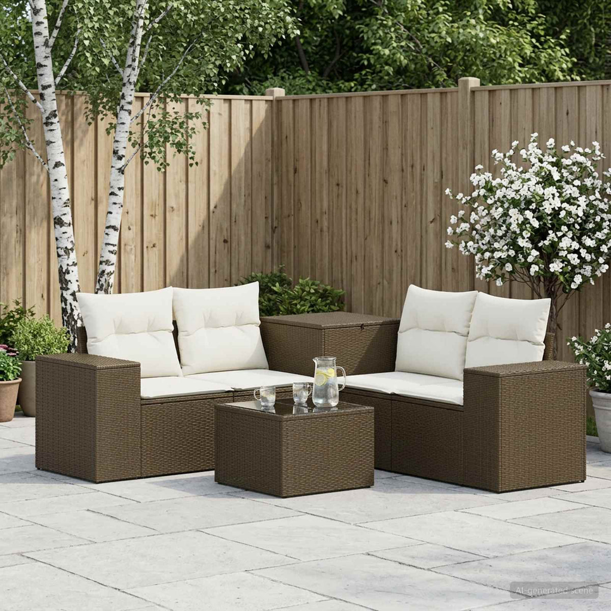 Bankstel 6 st Bruin en Crème Wit Poly Rattan en Staal is nu te koop bij PeponiXL, paradijselijk wonen!