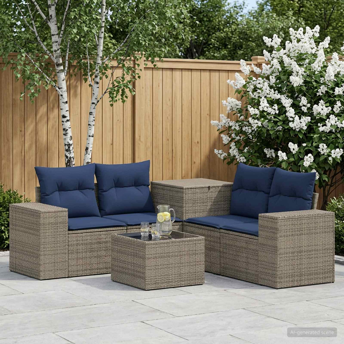 Bankstel 6 st Grijs en Marineblauw Poly Rattan en Staal is nu te koop bij PeponiXL, paradijselijk wonen!